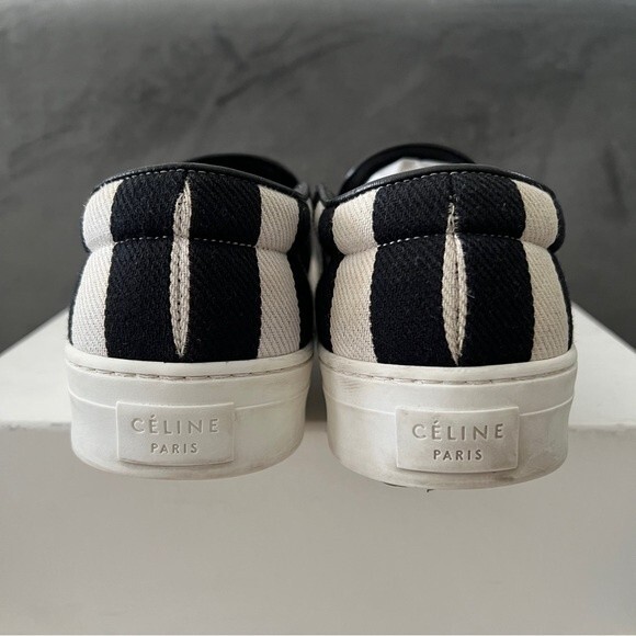 Celine Black/White Striped Canvas Slip On Sneakers - Picture 6 of 16